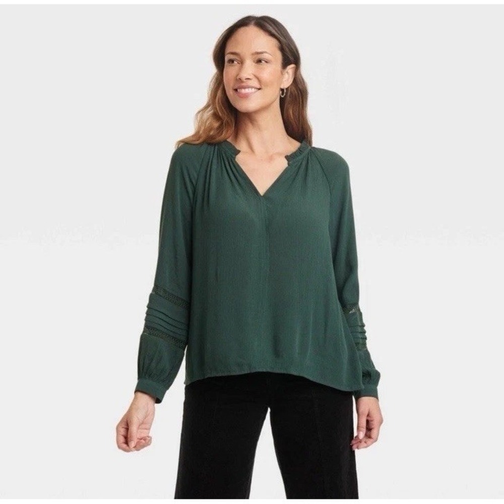 Knox Rose Women's Large Long Sleeve Lace Blouse Green